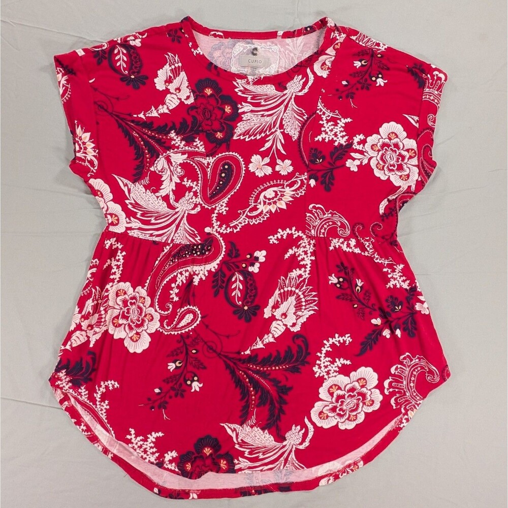 Cupio Women's Short Sleeve Red Floral Print Blouse Size Medium